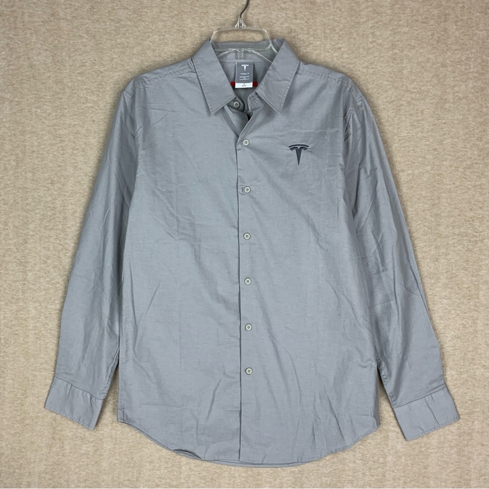 🚨 SOLD 🚨Tesla Shirt Medium Gray Button Up Long Sleeve Stretch Logo Business